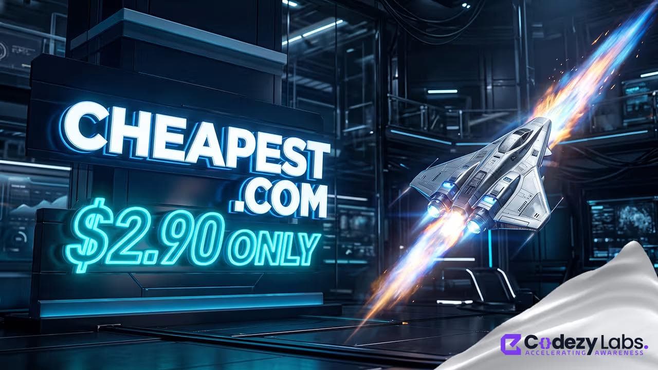 A futuristic 3D graphic showing cheap .COM domain registration via Spaceship with coupon codes.